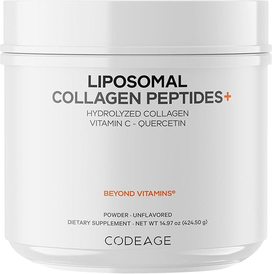 Codeage Liposomal Collagen Peptides Powder + Vitamin C & Quercetin Phytosome, Phospholipid Complex, Grass-Fed Pasture-Raised Hydrolyzed Collagen Type I & III Supplement All-in-One, Non-GMO, 14.97 oz