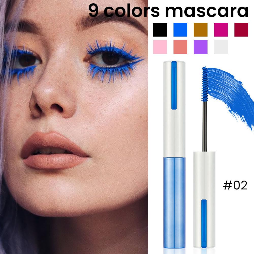 Colored Bright Blue Mascara for Eyelashes with Comb Set,Colorful Waterproof Long lasting Charming Voluminous for Women Cruelty Free Vegan Eye Makeup (C-1Pc 02#blue, C)