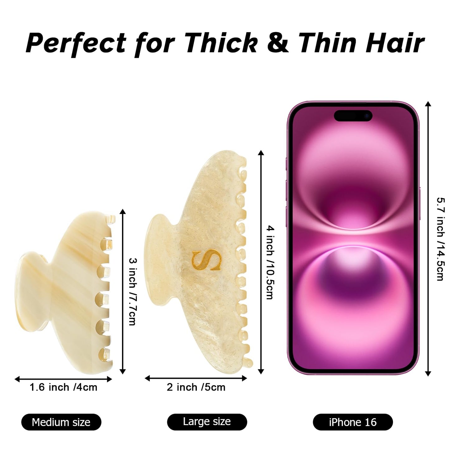 MAORULU 4 Inch Letter M Acrylic Hair Claw Clip for Women, Large Cute Marble Beige Glitter Alphabet Jaw Clips for Thick or Thin Hair, French Style Strong Hold Monogram Hair Accessories