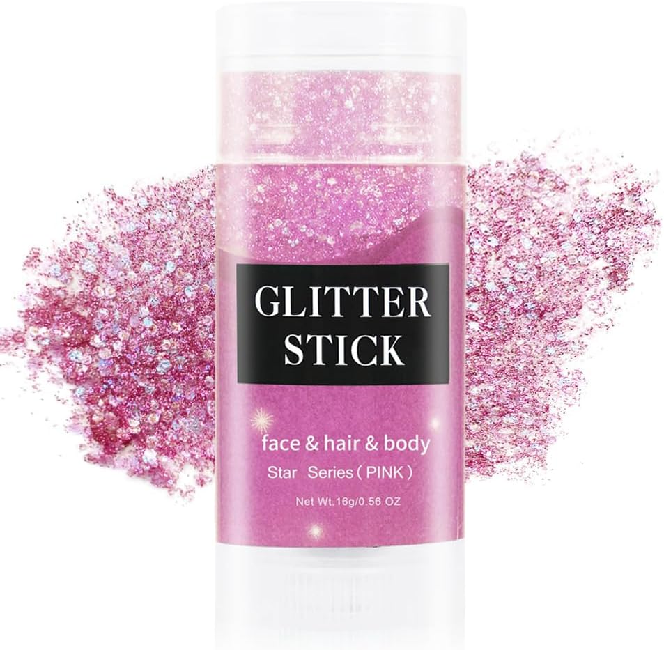 Pink Face Body Glitter Stick, Mermaid Sequins Face Glitter Gel, Singer Concerts Music Festival Rave Accessories,Holographic Chunky Glitter Makeup for Lip Eye Hair Body