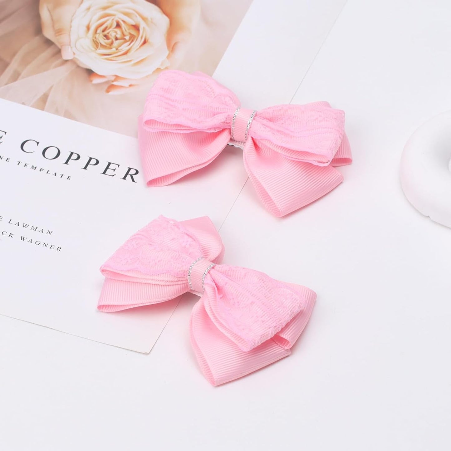 4-Inch Hair Bows Alligator Clips Delicate Lace Hair Accessories for Girls, Toddler, Kids and Women Daily Dress Up Birthday Wedding Christmas Occasions- Set of 2 (Pink)