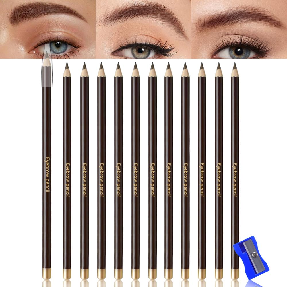 12Pcs Long Eyebrow Pencils Set, Dark Brown Natural Look, for Eyebrows & Eyeliner,Waterproof & Sweat-Proof Wooden Hard-Core Brow Pencil with Sharpener,Long Lasting Makeup Kit for Beginners 105#
