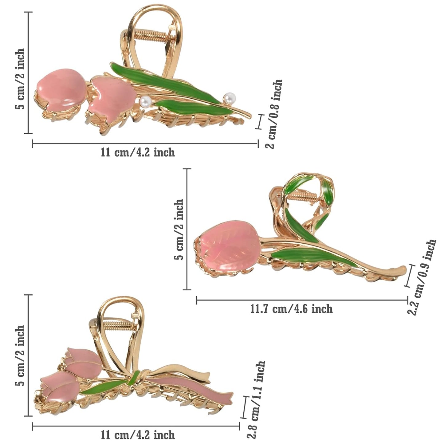 3-Piece Floral Metal Hair Clips, 3-Style Tulip Claw Clamps for Thin/Medium Thick Hair, Elegant Barrettes with Strong Hold and Non-Slip Cute Accessories