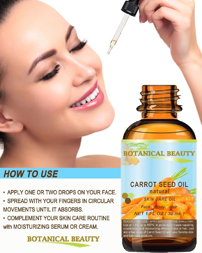 CARROT SEED OIL 100 % Natural Cold Pressed Carrier Oil. 0.33 Fl.oz.- 10 ml. Skin, Body, Hair and Lip Care. "One of the best oils to rejuvenate and regenerate skin tissues.” by Botanical Beauty