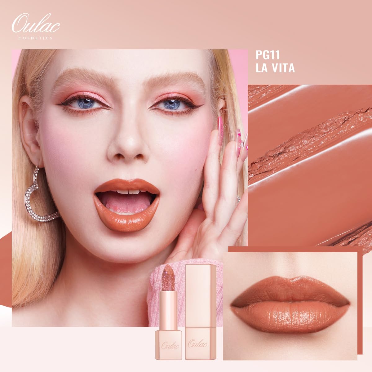 Oulac Moisture Shine Lipstick Set 3PCS - Infinity High Shine Finish, Hydrating Vegan Lipstick Infused with Damask Rose Oil for All-Day Comfort, Gluten-Free, PG11+PG09+D04