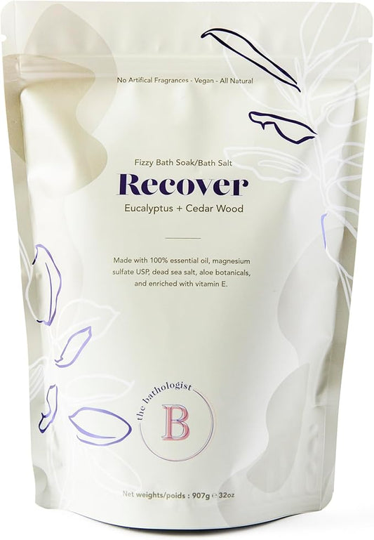 The Bathologist Recover Fizzy Bath Soak, Eucalyptus + Cedar Wood, Made with Essential Oils, Magenesium Sulfate, Dead Sea Salt & Aloe Botanicals, Approximately 5 Baths, 32 oz