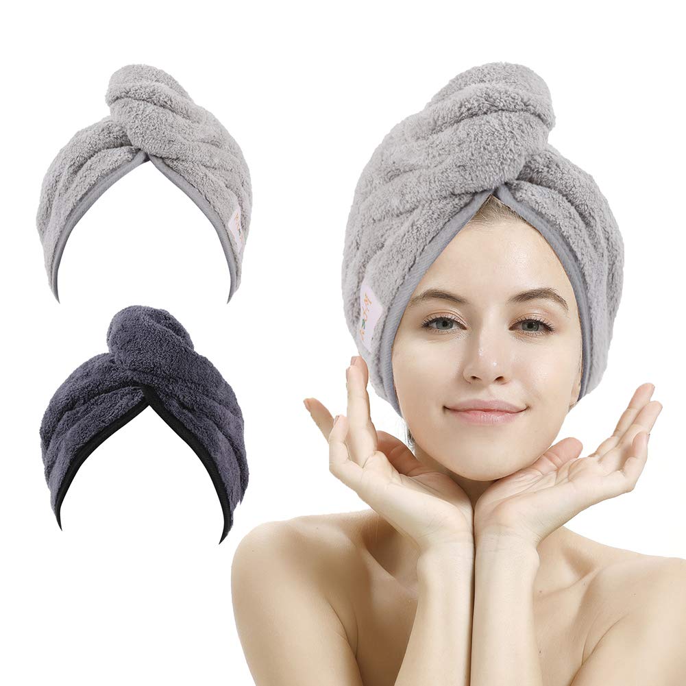 2 Pack Hair Drying Towels, Anti-frizz Hair Towel Wrap, Absorbent Microfiber Hair Towel Turban with Button Design for Straight Curly Hair (Dark Gray&Light Gray)