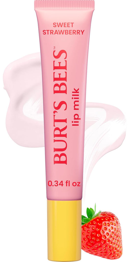 Burt’s Bees Stocking Stuffers, Lip Milk, Daily Lip Moisturizer, Sweet Strawberry, Vitamin Enriched Moisturizing Lip Balm with Almond Milk and Jojoba Oil, Hydrating for Softer Lips, 1 Tube, 0.34 Fl Oz