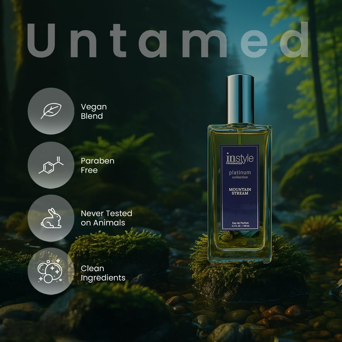 Instyle Fragrances Platinum Collection Mountain Stream, Premium Men’s Eau de Parfum, CLEAN, Vegan, Paraben-Free, Never Tested on Animals, 3.4 Fluid Ounces
