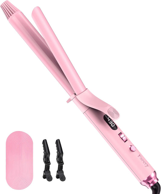 FARERY Long Barrel Curling Iron 1 Inch, Extra Long Curling Iron for Thin Hair, Infused Argan Oil & Keratin, 11 Adjustable Temp, Include Clips & Silicone Pad, Pink