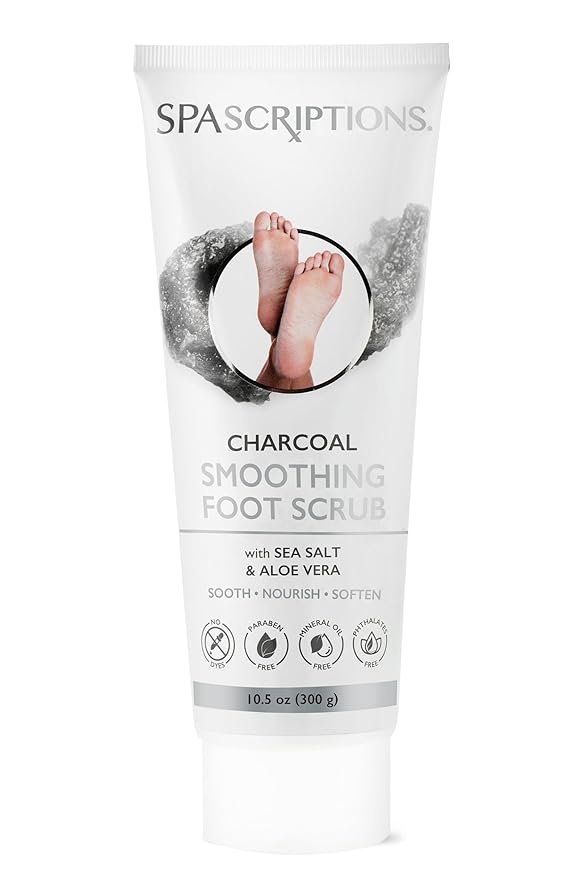 Spascriptions Charcoal Smoothing Foot Scrub with Sea Salt & Aloe Vera, Exfoliating Wash for Dry, Cracked Feet and Heels, Dead Skin and Callus Remover for Soft and Renewed Feet, 10.5 oz