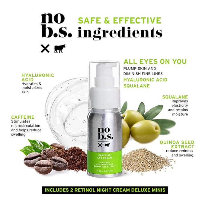 No B.S. (No Bad Stuff) Caffeine Eye Cream anti aging bundle with Two CoQ10 Deluxe Minis. Under Eye Cream for Dark Circles and Puffiness. Includes CoQ10 for Wrinkles.