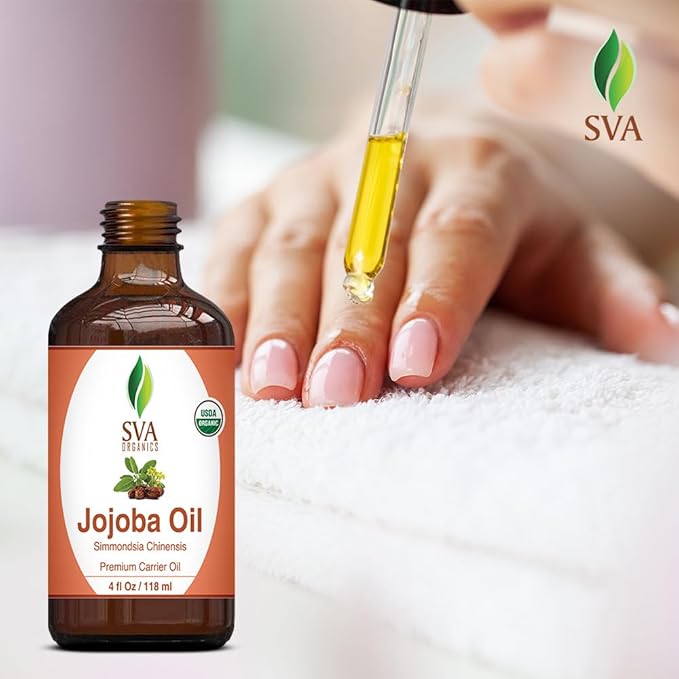 SVA Jojoba Seed Oil Organic - 4 Fl Oz – 100% Natural Cold Pressed Organic Jojoba Oil - for Face, Skin Care, Hair Care, Scalp Massage & Body Massage – Carrier Oil with Dropper