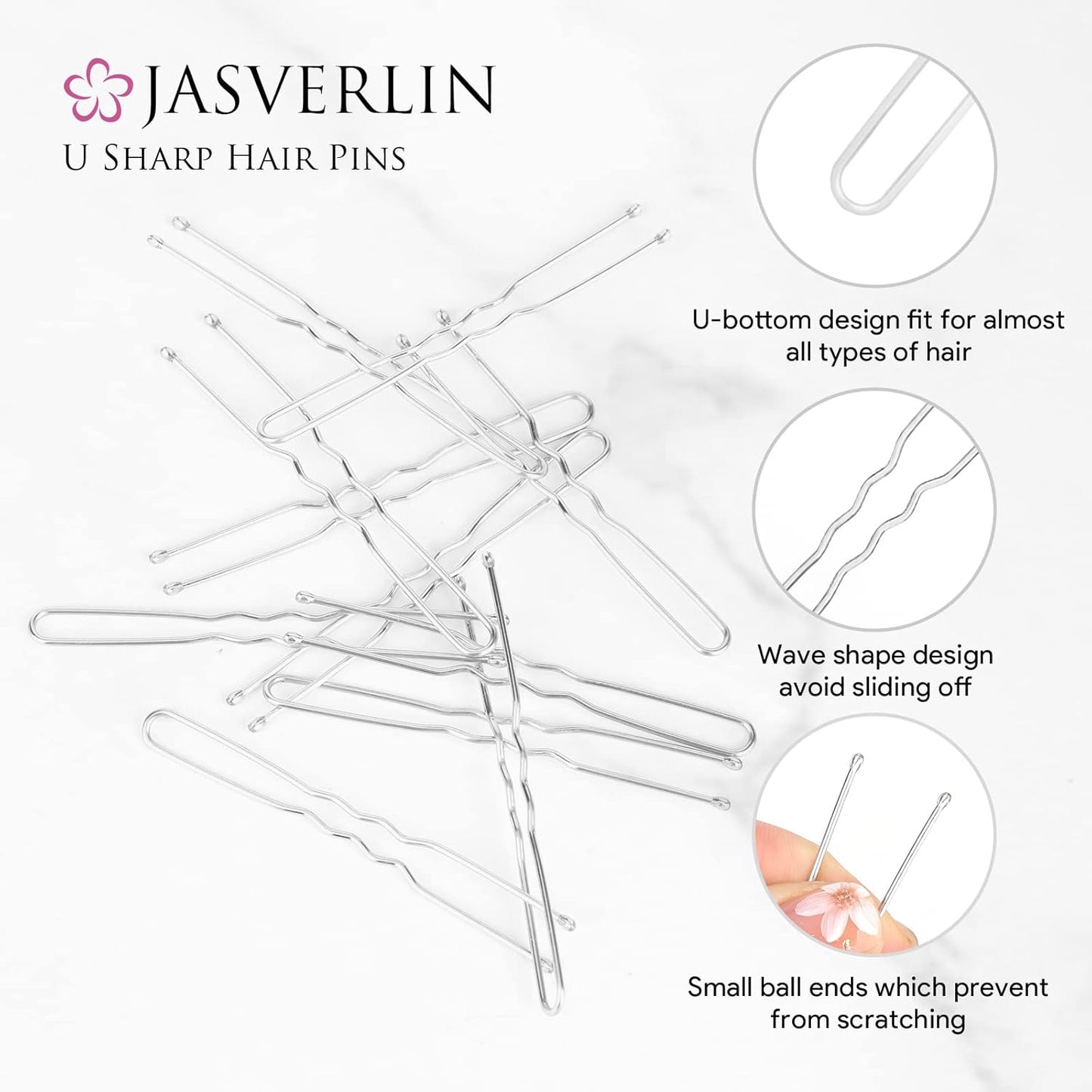 U Shaped Hair Pins Silver, Bun Bobby Hairpin for Women Long Large White Ballet Dance Wedding Box Container 2.4in 100 pcs