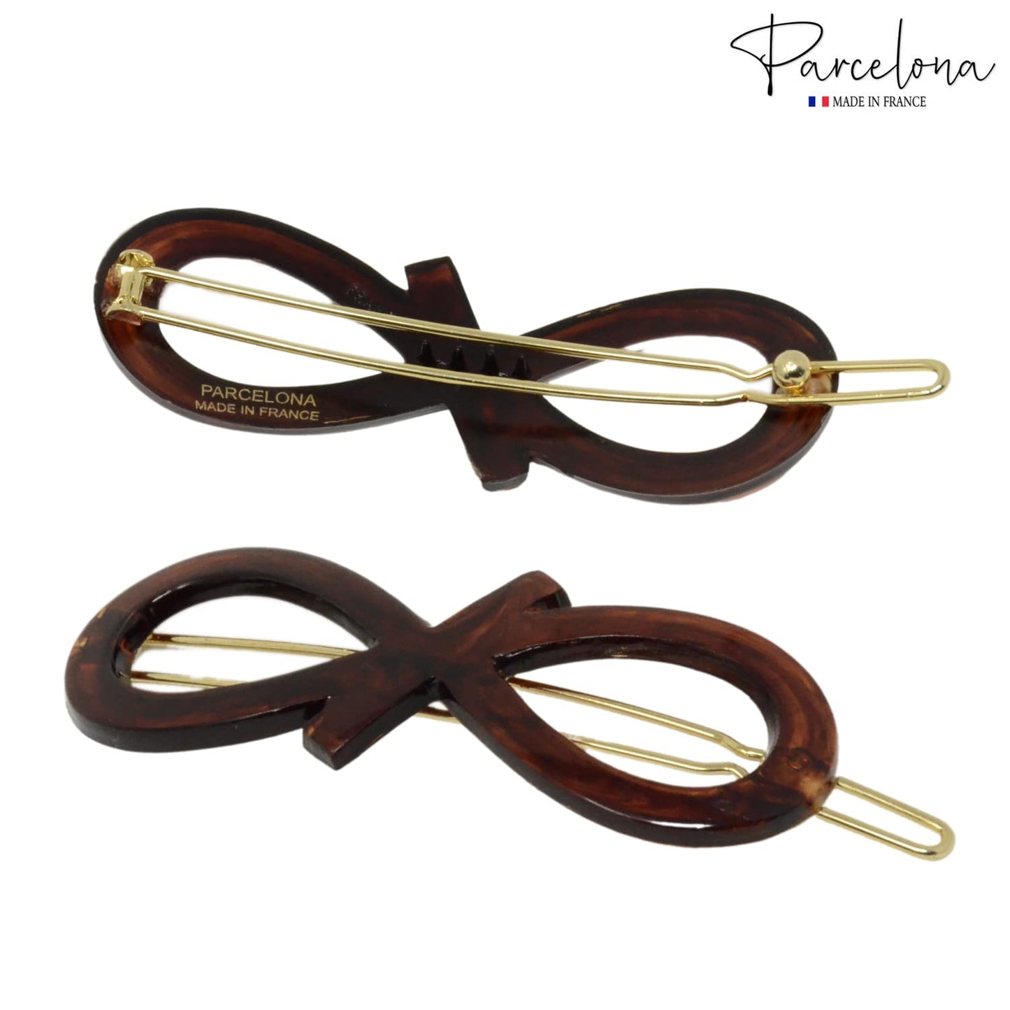 Parcelona French Ribbon Knot Infinity 2 1/4" Small Celluloid Acetate Hair Clips with Tige Boule Clasp Set of 2 Fashion Durable Styling No Slip Grip Women Hair Accessories Girls Side Slide-in Barrette Clip ,Made in France (Tortoise Shell)