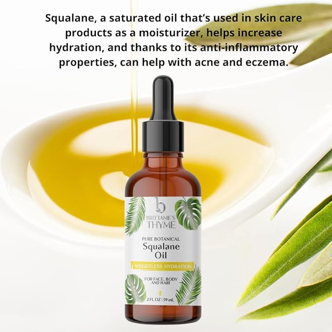 Brittanie's Thyme Squalane Skin Moisturizing Oil 2oz | 100% Plant Derived Squalane for Face, Skin & Hair | Luxurious Formula, Lightweight Formula for Hydration