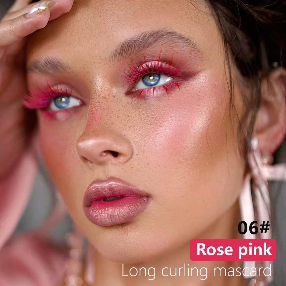 Colored Mascara for Eyelashes, Voluminous Colorful Mascara, Pink Purple Blue Green Red White Black Brown Lash Pack - Lengthening, Defining, Curling, Multiplying Formula (06#-Rose Pink)