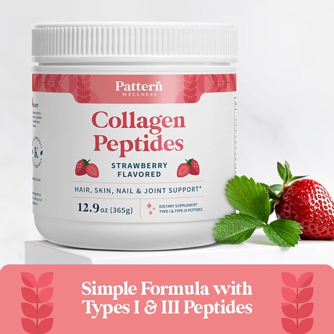 Pattern Wellness Collagen Peptides Powder (Type I & III) - Hair, Nails, Skin and Joint Health - Grass Fed & Pasture Raised - Hydrolyzed Collagen, Non-GMO, Dairy Free, & Keto - Strawberry (13 Oz)