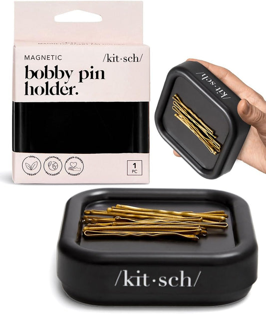 Kitsch Magnetic Bobby Pin Holder - Cute Stuff, Strong Magnetic Pin Holder for Desk & Vanity, Securely Holds Metal Hair Clips, Bobby Pins & Paper Clip | Ideal Gifts for Women - Black, 1 Pc