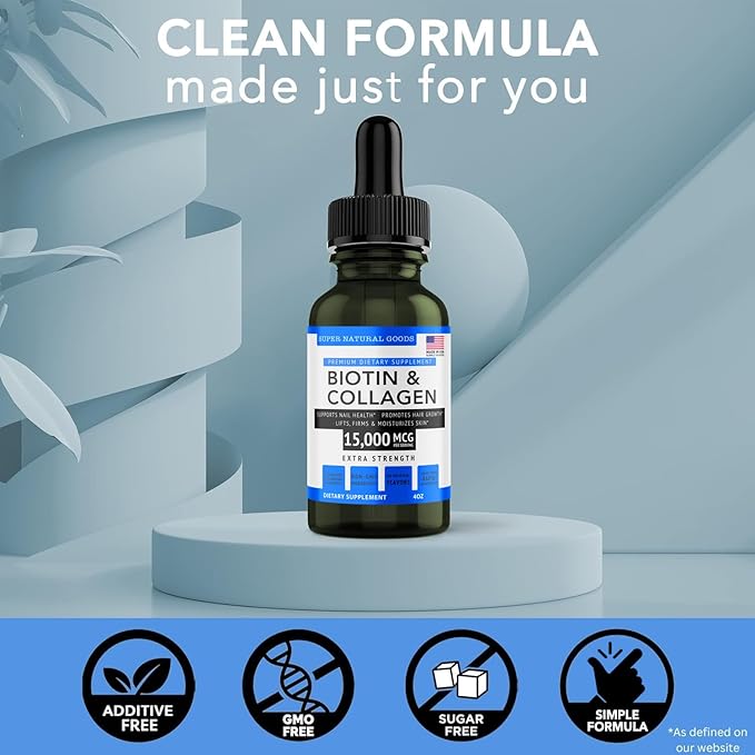 Super Natural Goods Biotin & Collagen Vitamins - Hair Loss, Gut Health, Anti-Aging, Skin Care & Nails - Made in USA, Non-GMO & Cruelty Free (4 Ounce- 15,000mcg)