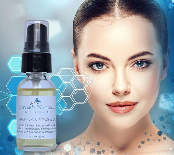 Boyle's Naturals Vitamin C & E Facial Oil Moisturizer for Women - Organic Essential Oil with Rosehip for Dry, Sensitive, Oily, Mature Skin - Skin Care for Wrinkles, Pigmentation, Dark Spot - 1 Oz