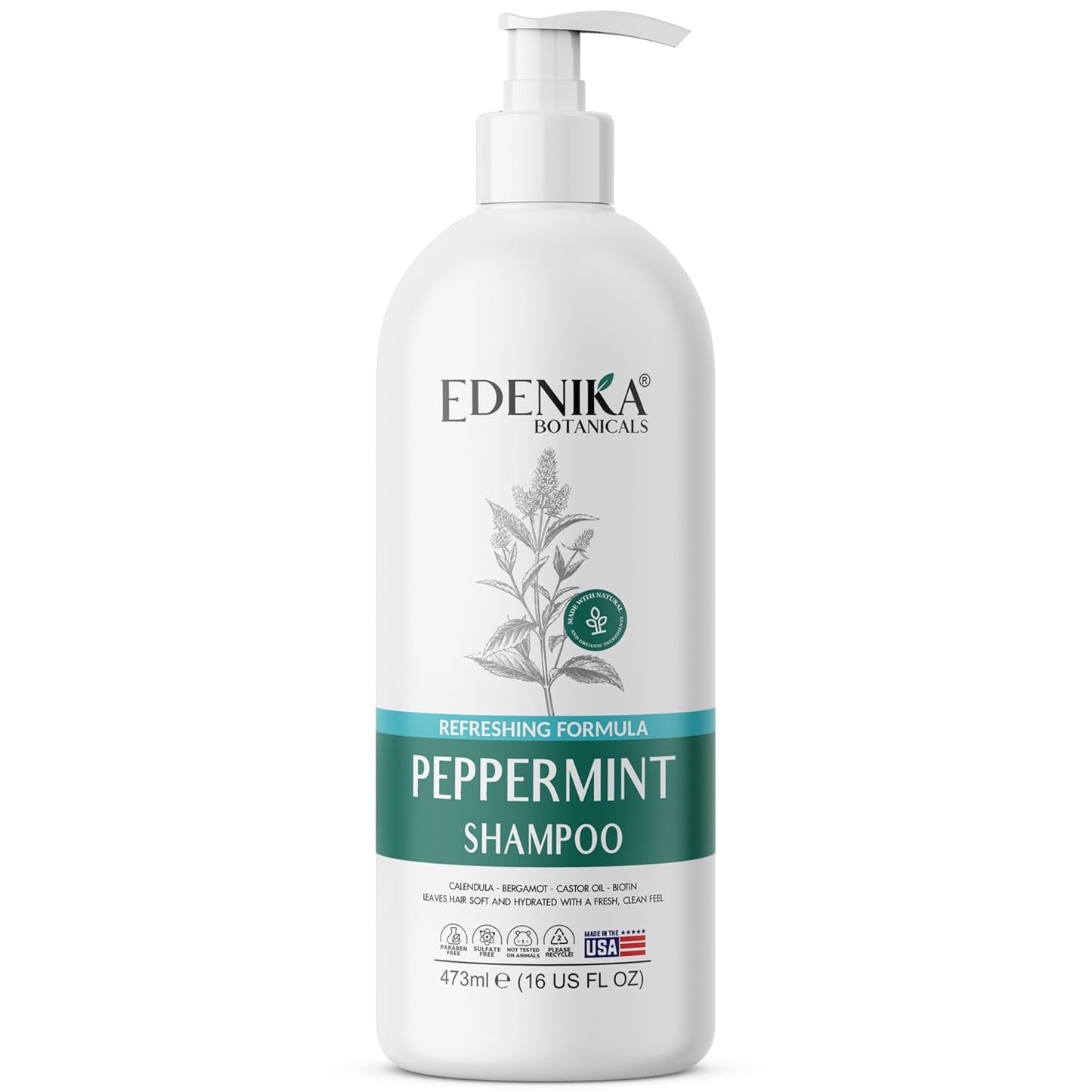 Peppermint Shampoo with Castor Oil & Biotin, Soothes Dry, Itchy Scalp, Strengthens Hair, Reduces Thinning & Hair Loss, Promotes Growth, Adds Volume, Sulfate-Free, 16 fl oz