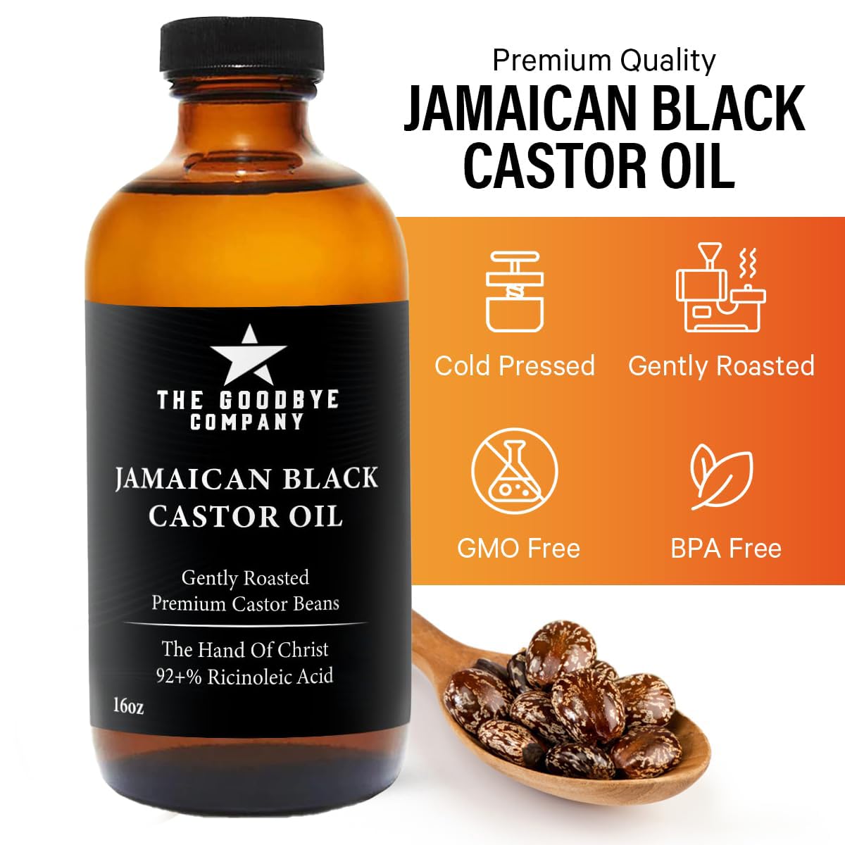 The Goodbye Company Black Castor Oil for Hair Growth – Organic, Cold-Pressed & Unrefined 100% Pure & Hexane-Free - Glass Bottle (450mL) Nourishing Oil for Eyebrow, Eyelash & Stronger Hair (16.9 oz)