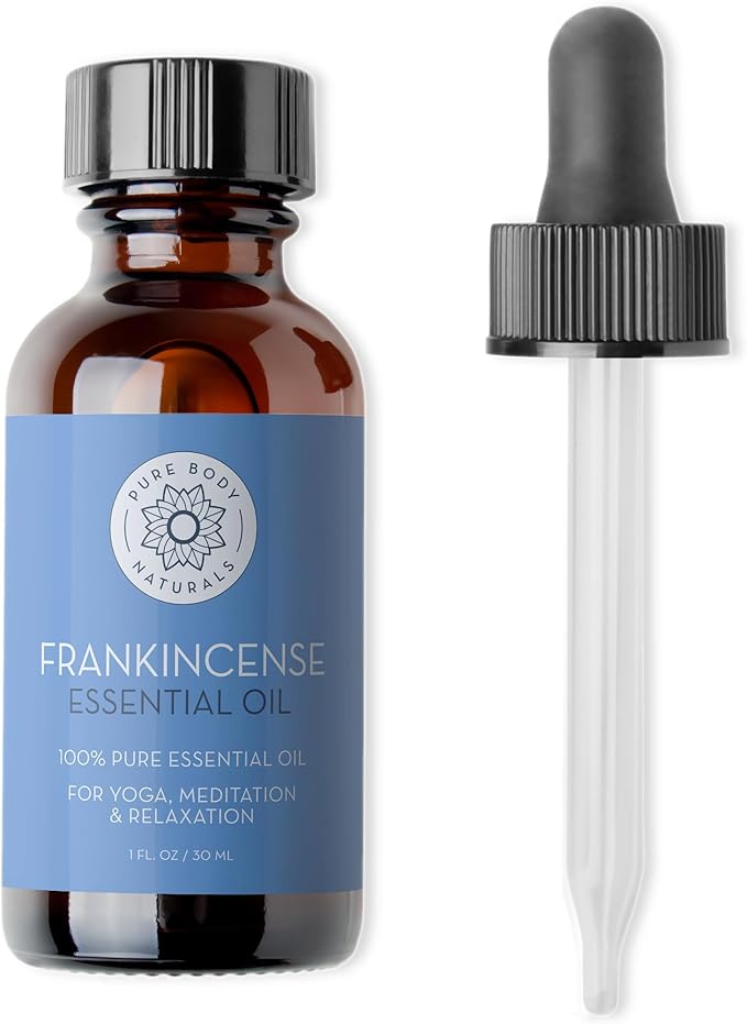 Pure Body Naturals Frankincense Essential Oil, 1 fl oz - Pure and Undiluted Therapeutic Grade - for Diffuser and Skin, Meditation and Yoga - Includes Glass Dropper