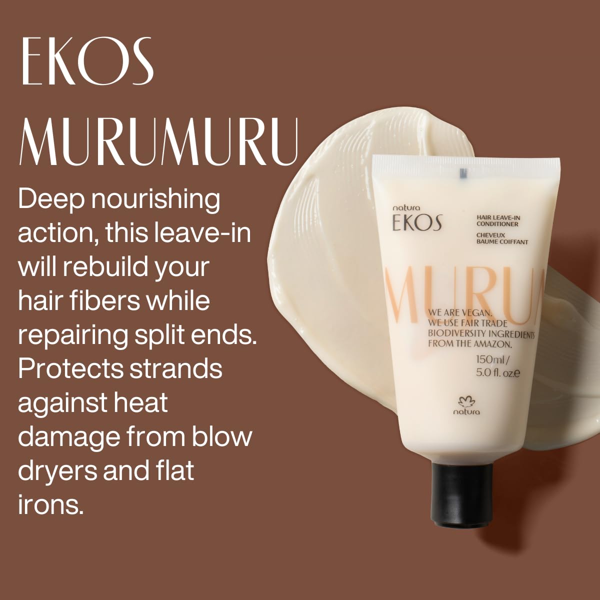 Natura - Ekos Murumuru Anti-Damage Leave-In - Reconstructs Hair Fiber, Reduces Frizz, Detangles, and Repairs Split Ends, Vegan, Not Tested On Animals, Unisex, For Frizzy Hair - 5 fl oz (150ml)