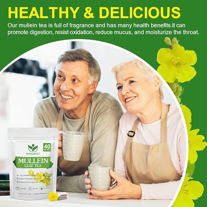 Mullein Tea Bags - Natural Mullein Leaf Tea for Lungs Cleanse and Respiratory Support, Caffeine Free - 40 Tea Bags
