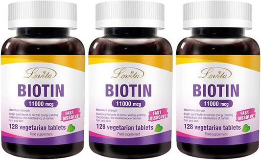 Lovita Maximum Strength 11,000mcg Biotin: Fast-Dissolving, Vegetarian Tablets - Easily Absorbed, Gluten & Dairy-Free, 128 Vegan-Friendly Tablets (Pack of 3)