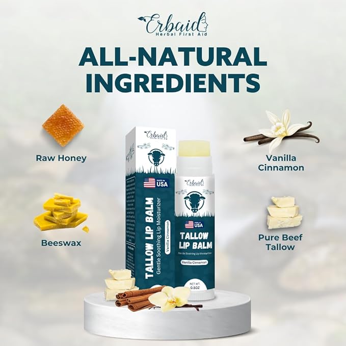 Beef Tallow Lip Balm – Natural Tallow Beeswax Chapstick – Hydrating Moisturizer Grass Fed Bison Tallow Balm Lip Care – Soothes Chapped, Dry Lips, Sensitive Skin – Long Lasting & Vitamin Rich USA-Made