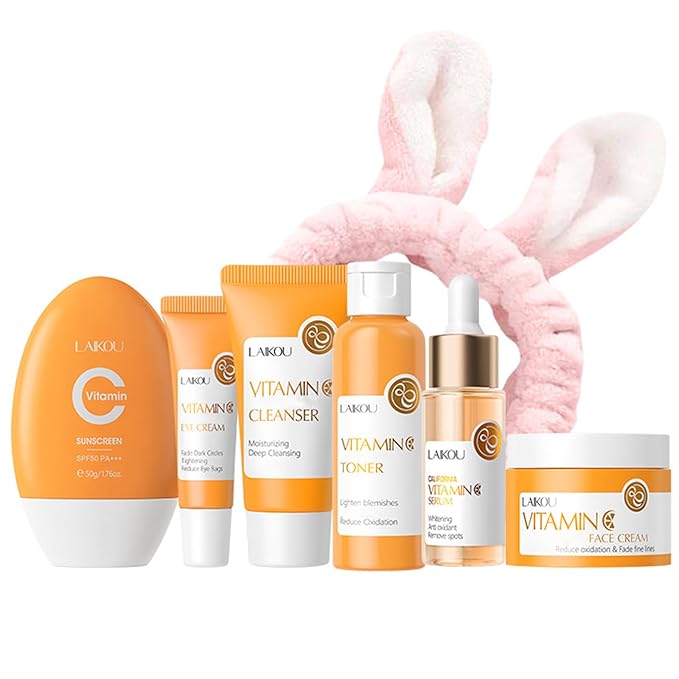 Vitamin C Skincare Set For Teen Girls Skin Care Set With Vitamin C Serum,Toner,Cleanser,Eye Cream,Face Cream,Sunscreen, Travel Skincare Set For Girls, Birthday Gifts for Womens