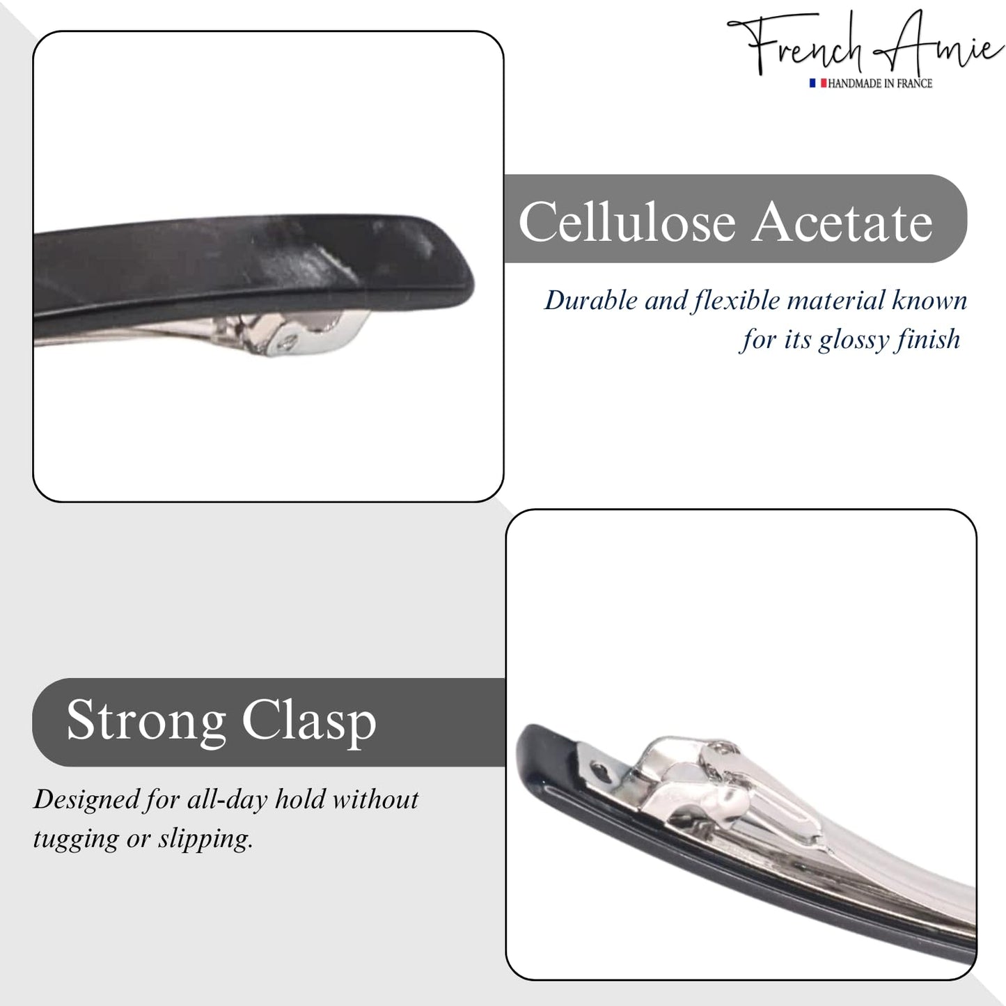 French Amie Long and Thin Large 4" Celluloid Handmade No Slip Durable Hair Barrette Clip for Women, Made in France (Black Nycra)