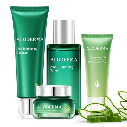 Aloderma Essential Aloe Brightening Skin Care Set - 4 Pieces - Gel, Cleanser, Toner, Cream