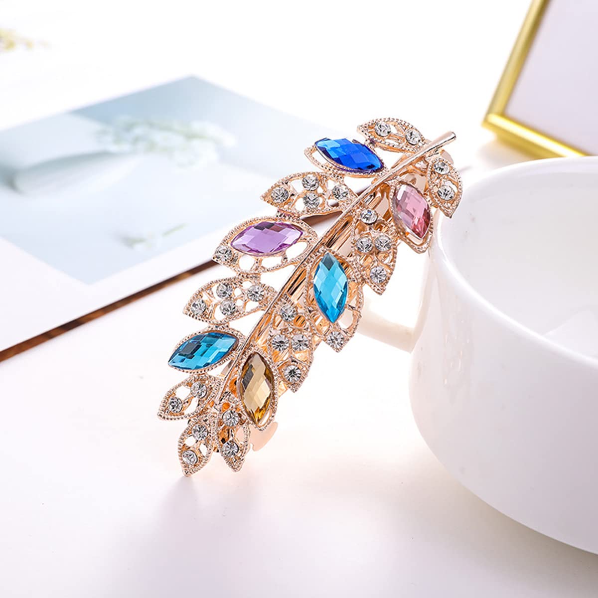 2 Pcs Crystal Rhinestones Hair Clips for Women, Sparkly Glitter Flower Hair Barrettes Metal Spring Hair Pins 8cm, 2-Leaf Multicolor B