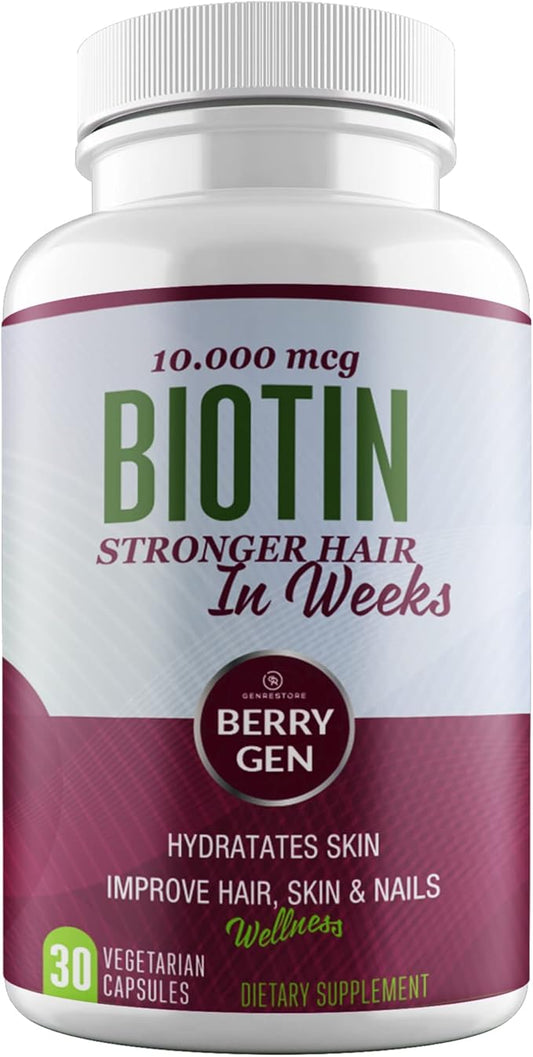 Berry Gen Biotin Supplement 10000 mcg Vegetarian Capsules - Support Hair Health & Growth, Help Heal Skin & Reduce Wrinkles and Moisturize Skin, Hair, and Nails - 30 Count (2)