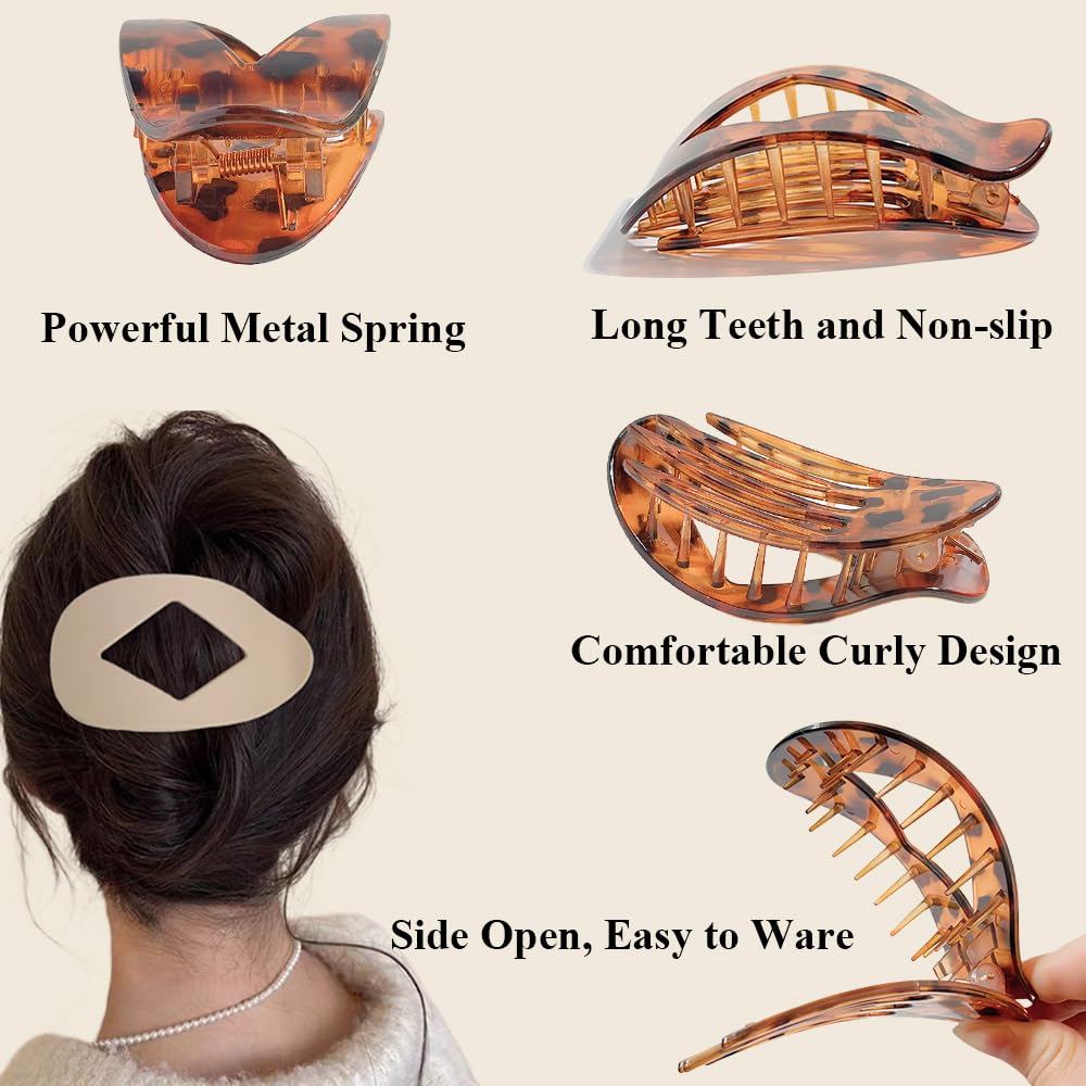 8PCS Rhombus Flat Hair Clips for Women Girls, Elegant Large Strong Hold Ladies Hair Claw Clamp Barrettes for Lying Down Styling Accessories, 3.94" Medium Matte Neutral Leopard Color