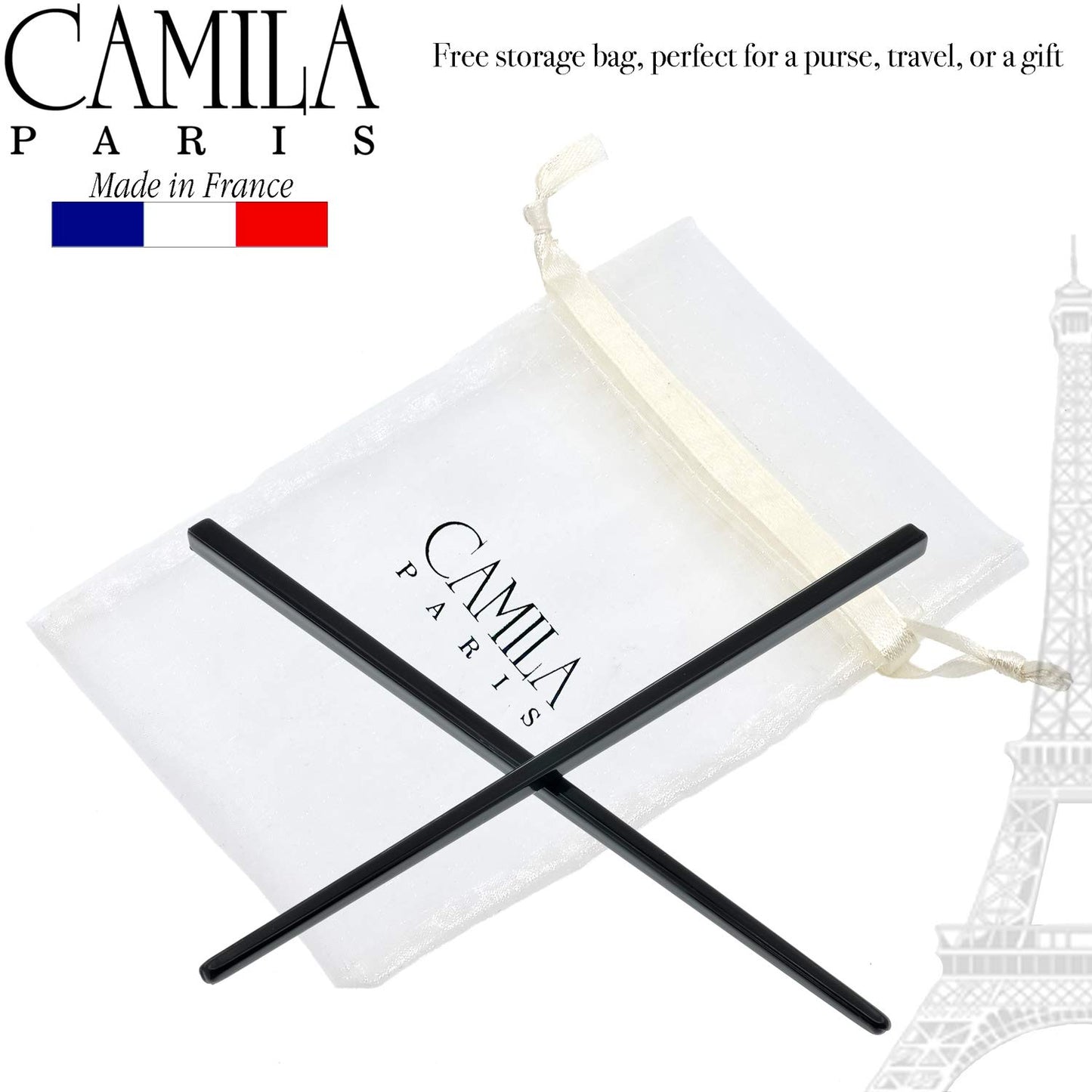 Camila Paris AD27/2 French Twist Stick Hair Pin, Set of 2 Black, Girls Chopsticks Hair Pins for Girls Spiral Updo Chignon Bun Holder, Styling Hair Accessories for Women, Made in France