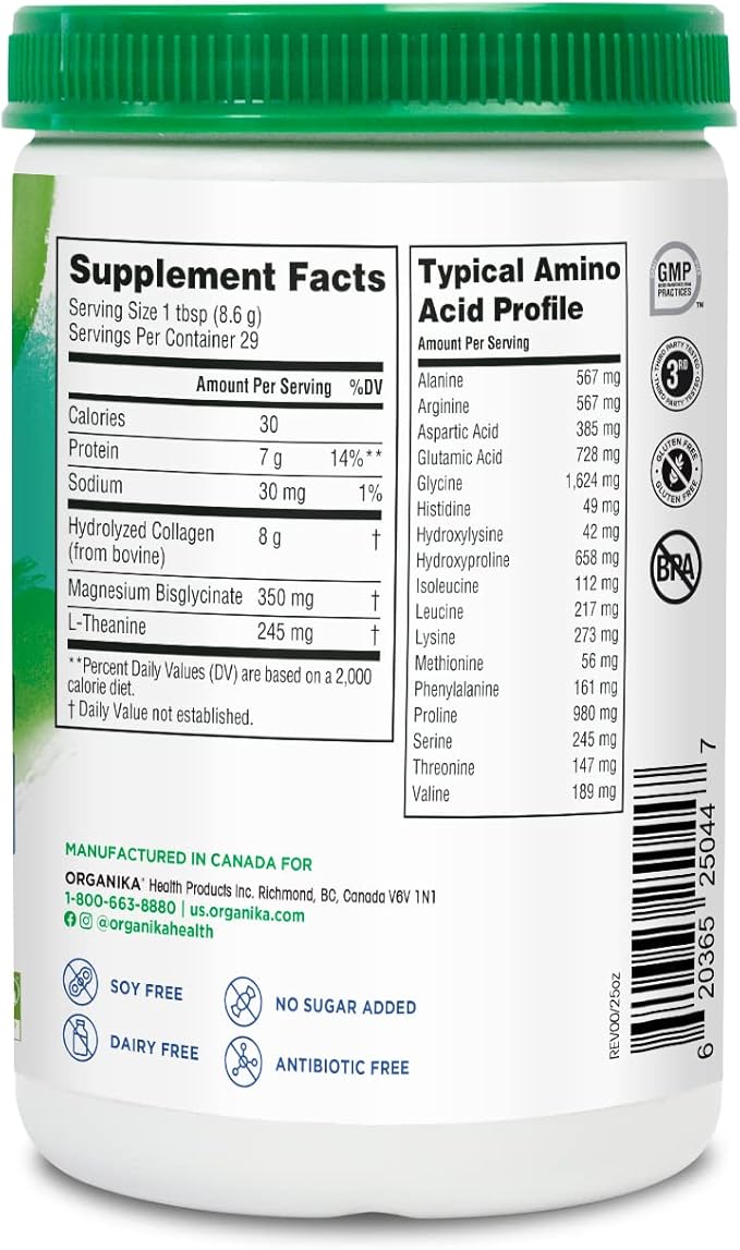 Organika Enhanced Relax Collagen Peptides Powder with L-Theanine & Magnesium Bisglycinate (8.82 oz - 250 g): Enriched Collagen Powder for Women & Men - Skin, Hair, Joints - Sleep, Vitality, Relaxation