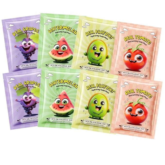 8 Pack Fruit Facial Mask Set – Hydrating & Brightening Combo Face Masks for All Skin Types, Natural Sheet Masks Gift Set, Hypoallergenic Spa Skincare for Women/Men, Soothe Sensitive Skin (8 Pcs-Set04)