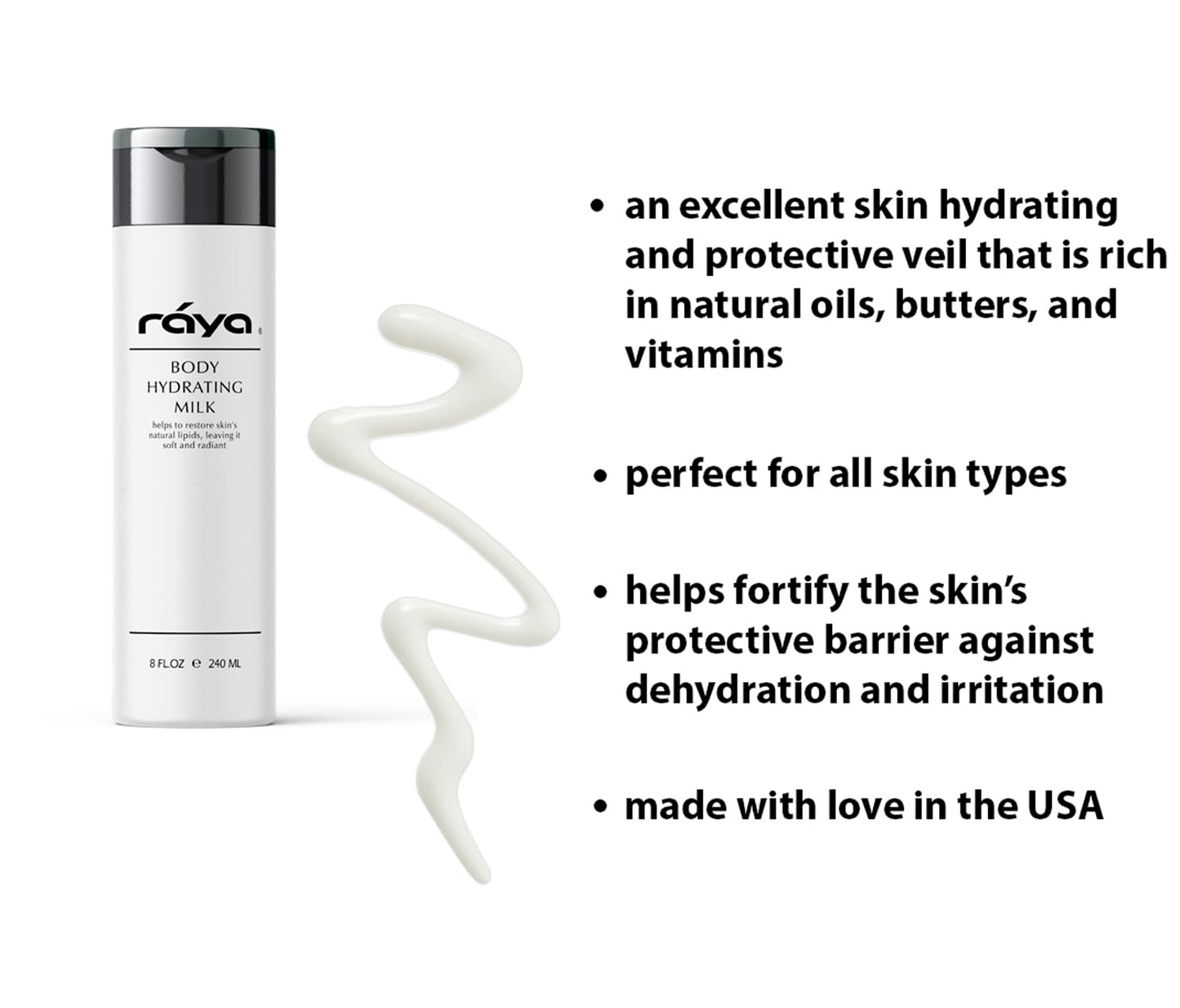 Raya Body Hydrating Milk 8 oz (S-102) | Hydrating, Moisturizing, and Restorative Body Lotion | Rich in Natural Oils, Butters, and Vitamins | Calms and Softens
