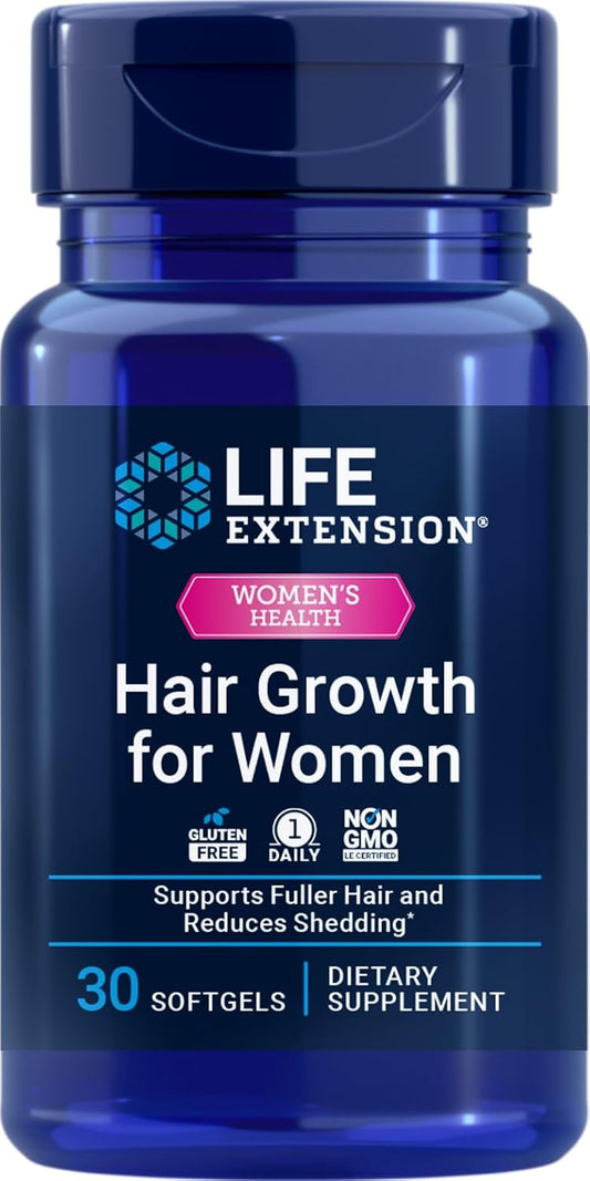 Life Extension Hair Growth for Women, hair growth supplement, fullness and density, Ceramosides™, VI-SPO®, non-GMO, 1-daily, gluten-free, 30 softgels