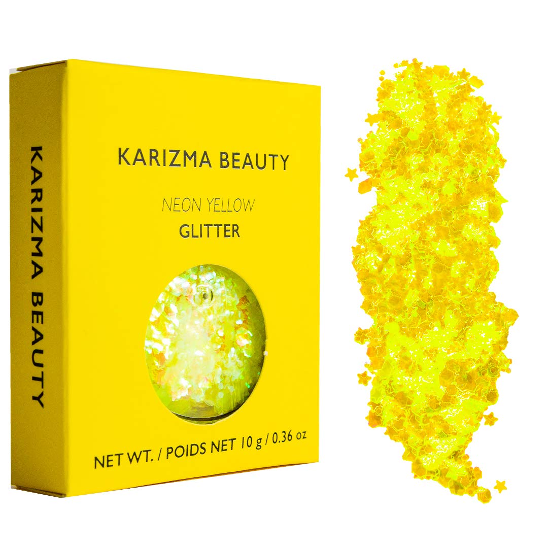 KARIZMA Neon Nights! 4x 10g Chunky Face, Hair, Eye & Body Glitter Set - Neon Yellow, Pink, Orange, Green - Festival, Rave & Event Glitter