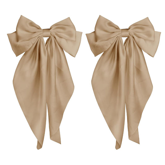Hair Bows for Women Silky Satin Hair Bow with Long Tail 2PCS Khaki Hair Ribbons Bow Hair Clips Large Hair Bow with Metal Clips