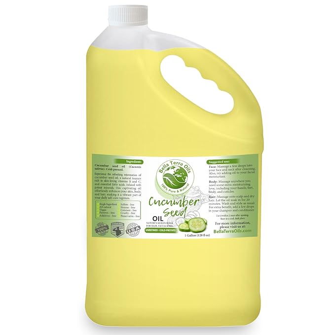 Bella Terra Oils Cucumber Seed Oil for Skin and Hair – 1gallon, Refreshing, Hydrating, Light, Nutrient-Rich, Non-Greasy