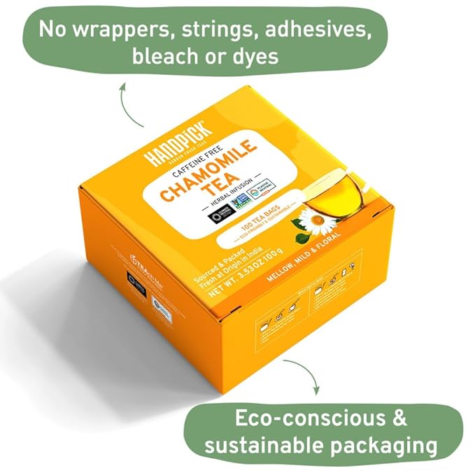 HANDPICK, Organic Chamomile Tea Bags (100 Herbal Tea Bags) Caffeine Free| Premium Floral Chamomile Herbal Tea in Eco-Conscious Teabags | Direct from Source