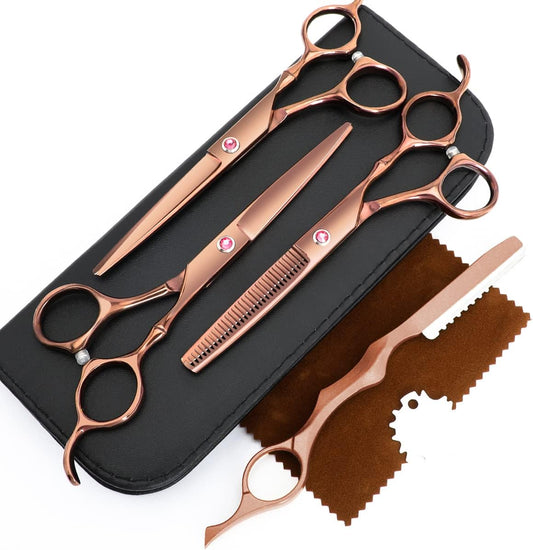 Professional Hair Cutting Scissors Sets Stainless Steel Barber Hairdressing Scissors Multifunctional Salon Thinning Scissors Straight Shears Tools Gifts for Mom Dad and Friends (Brown)