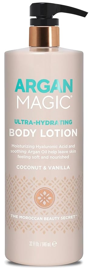 Argan Magic Ultra-Hydrating Coconut & Vanilla Body Lotion with Hyaluronic Acid for Dry Skin - Nourishes Skin, Restores Moisture, Smooths & Softens | Non-Greasy Formula | Paraben Free (32 oz)