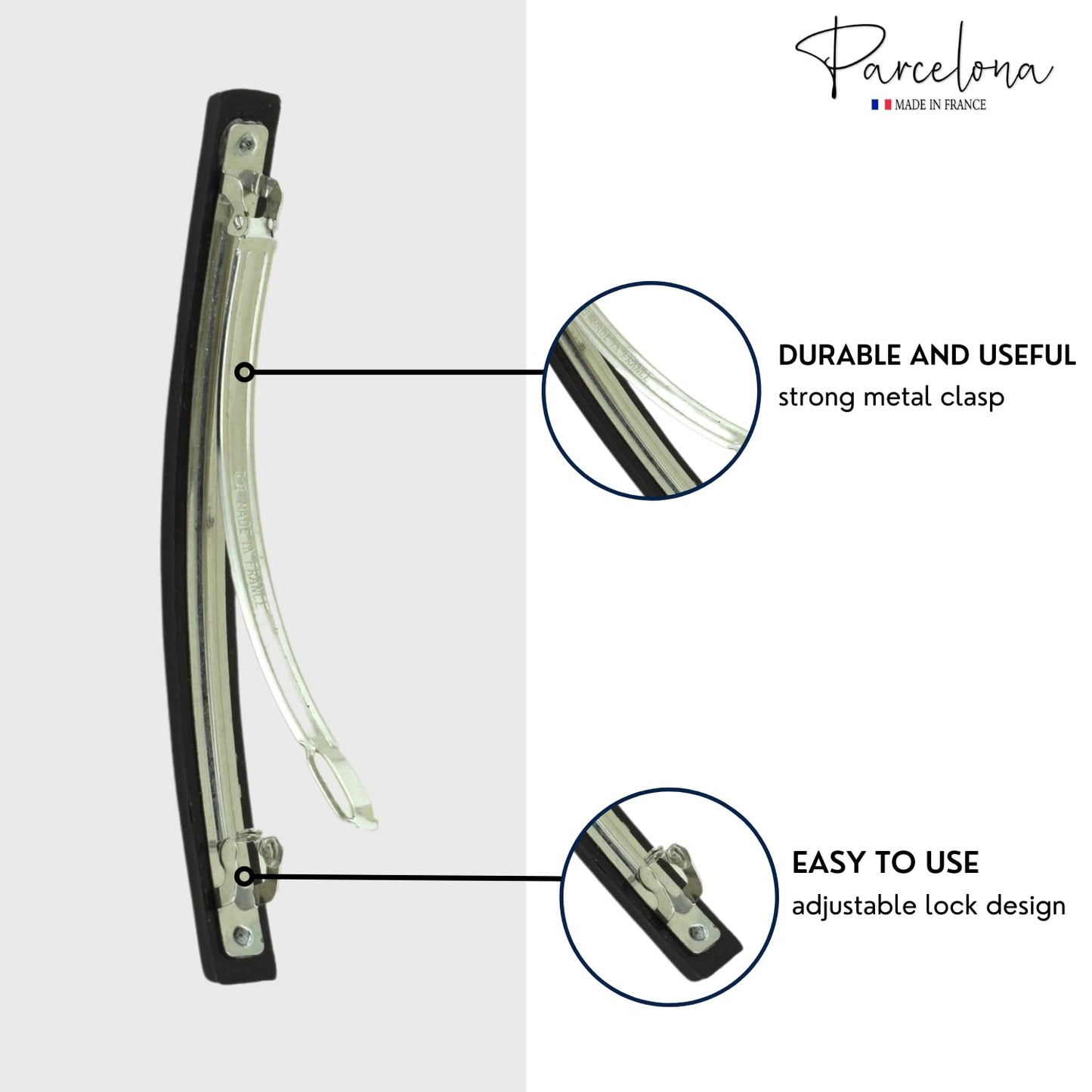 Parcelona French Long and Thin Large 4 1/4" Celluloid Automatic Hair Clip Barrette French Strong Hold Grip Hair Clips for Women No Slip Fashion Durable Styling Girls Hair Accessories, Made in France